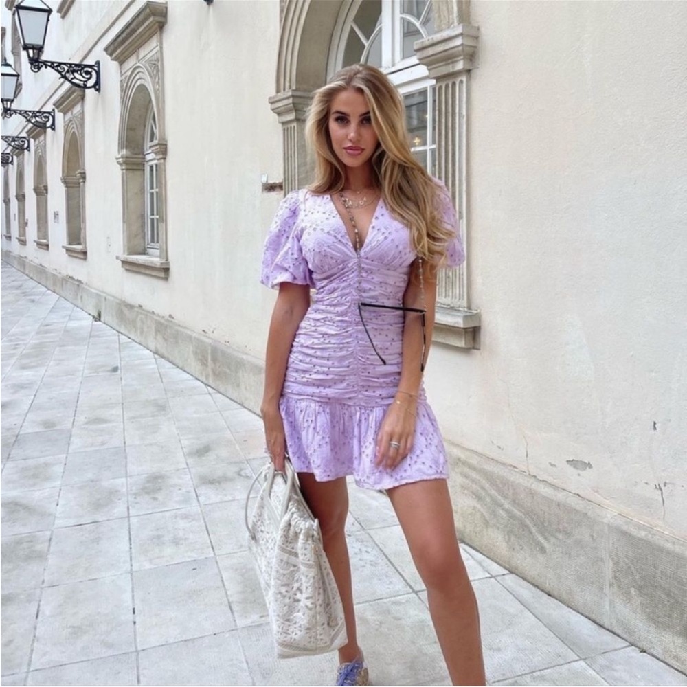 Zara Lilac Eyelet Puff-Sleeve Ruched Mini Dress